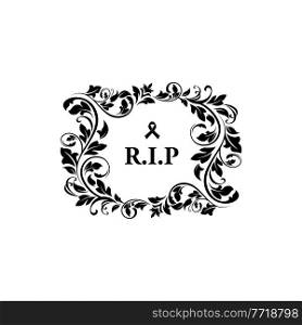 Funeral and obituary condolence card with flowers and RIP message, vector grief floral wreath. Funeral and death memory black banner for memorial ceremony and Rest in Peace mortuary ribbon. Funeral and obituary condolence card, RIP flowers