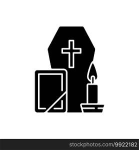 Funeral black glyph icon. Coffin for dead relative. Religious ritual. Memorial service. Cemetery ceremony. Religious burial. Silhouette symbol on white space. Vector isolated illustration. Funeral black glyph icon