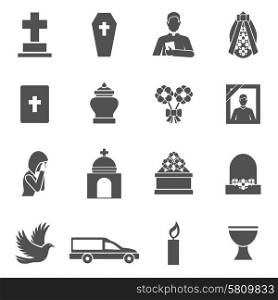 Funeral black icons set with cross coffin priest wreath isolated vector illustration. Funeral Icons Set