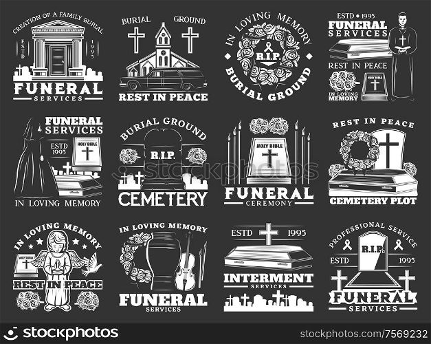 Funeral, burial and interment service, isolated monochrome icons. Vector burial ground ceremony, rest in peace, cemetery, remation urns and columbarium, crosses and tombs, graveyard and burial icon. Funeral and burial, cremation service icons