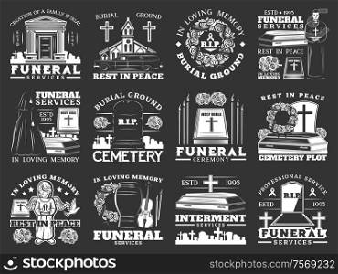 Funeral, burial and interment service, isolated monochrome icons. Vector burial ground ceremony, rest in peace, cemetery, remation urns and columbarium, crosses and tombs, graveyard and burial icon. Funeral and burial, cremation service icons