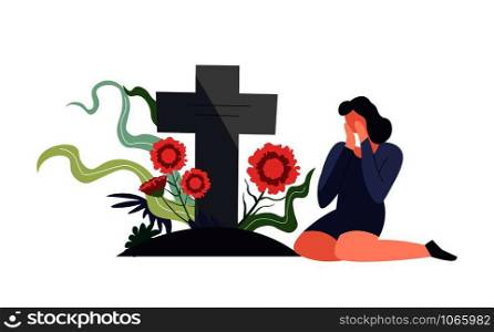 Funeral burial ceremony person sitting by tombstone and crying vector lady in grief with cross made of stone and flowers on dead grave woman unhappy with death mourning female with tears gravestone.. Funeral burial ceremony person sitting by tombstone and crying