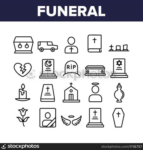 Funeral Burial Ritual Collection Icons Set Vector Thin Line. Funeral Ceremony, Coffin And Bible, Car And Church, Broken Heart And Candle Concept Linear Pictograms. Monochrome Contour Illustrations. Funeral Burial Ritual Collection Icons Set Vector