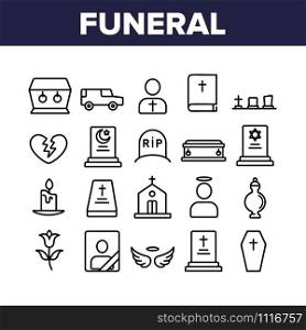 Funeral Burial Ritual Collection Icons Set Vector Thin Line. Funeral Ceremony, Coffin And Bible, Car And Church, Broken Heart And Candle Concept Linear Pictograms. Monochrome Contour Illustrations. Funeral Burial Ritual Collection Icons Set Vector