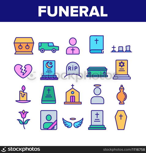 Funeral Burial Ritual Collection Icons Set Vector Thin Line. Funeral Ceremony, Coffin And Bible, Car And Church, Broken Heart And Candle Concept Linear Pictograms. Color Contour Illustrations. Funeral Burial Ritual Collection Icons Set Vector