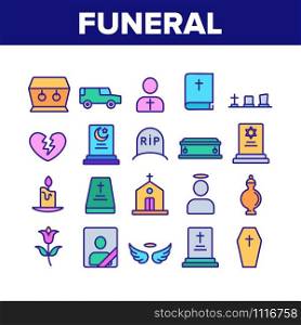 Funeral Burial Ritual Collection Icons Set Vector Thin Line. Funeral Ceremony, Coffin And Bible, Car And Church, Broken Heart And Candle Concept Linear Pictograms. Color Contour Illustrations. Funeral Burial Ritual Collection Icons Set Vector