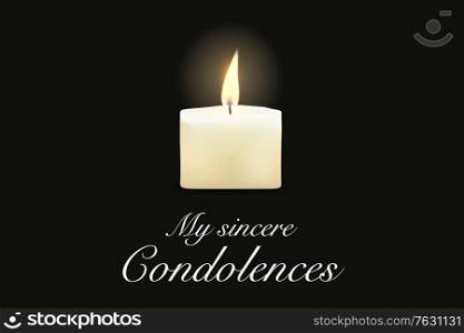 Funeral card candle, condolence obituary message, vector template. Death mourning memory card with white candle flame in black background, RIP memorial condolence sympathy. Funeral card candle, condolence obituary message