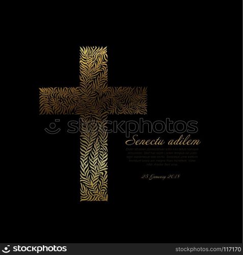 Funeral card template with golden cross made from leafs 
