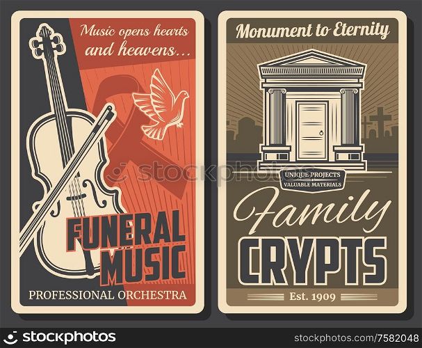 Funeral ceremony and farewell music service, burial crypts and monuments production company. Vector retro poster with cemetery graveyard, requiem mass orchestra music and funeral RIP ribbon. Funeral ceremony music service, burial crypts