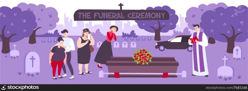 Funeral ceremony on cemetery vector illustration with weeping people standing with flowers and wreaths around coffin