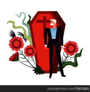 Funeral ceremony person grieving by coffin of deceased person vector flowers in bloom and floral decoration bearded male wearing black costume suit cross at wooden casket burial service death.. Funeral ceremony person grieving by coffin of deceased person