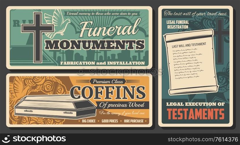 Funeral coffin, monument and testament vector design of burial or cremation service. Cemetery grave, tombstone and cross, memorial ceremony flower wreath with ribbon, dove and last will retro banners. Coffin, monument and testament of funeral service