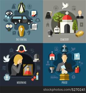 Funeral Concept Icons Set. Funeral concept icons set with mourning and priest symbols flat isolated vector illustration