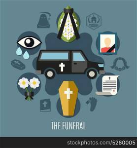 Funeral Concept Set. Funeral concept set with photo flowers and tomb flat vector illustration