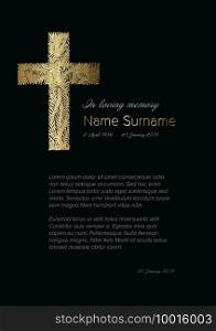 Funeral condolence death notice card template with big golden cross made from floral elements on black background. Funeral death notice card template