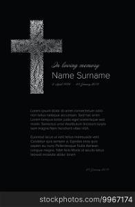 Funeral condolence death notice card template with big silver cross made from floral elements on black background. Funeral death notice card template