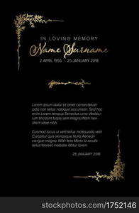 Funeral condolence death notice card template with handdrawn golden floral elements - gold black version. Funeral death notice card template