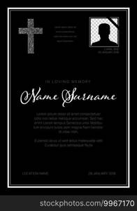 Funeral condolence death notice card template with white elements and photo placeholder on black background. Black Funeral death notice card template