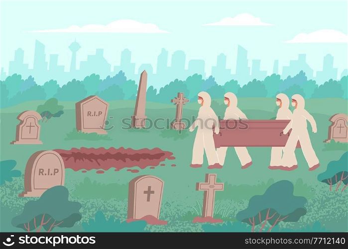 Funeral covid flat composition with outdoor view of cemetery with cityscape and people in protection suits vector illustration. Covid-19 Funeral Composition