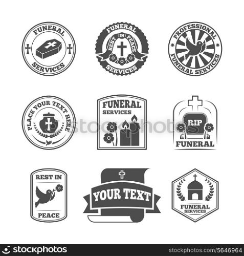 Funeral home undertaking ceremonial service fill in templates labels set with coffin candle pigeon vector isolated illustration