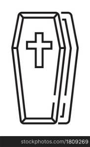 Funeral icon vector in thin line style. The coffin with the cross on the lid is open.The symbol of the funeral home. RIP sign illustration.. Funeral icon vector in thin line style. The coffin with the cross on the lid is open.