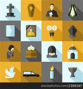 Funeral icons flat long shadow set with ash candle church isolated vector illustration. Funeral Icons Flat Set