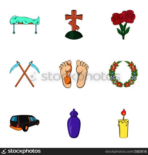 Funeral icons set. Cartoon illustration of 9 funeral vector icons for web. Funeral icons set, cartoon style