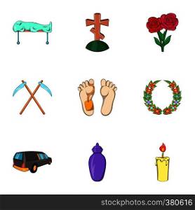 Funeral icons set. Cartoon illustration of 9 funeral vector icons for web. Funeral icons set, cartoon style