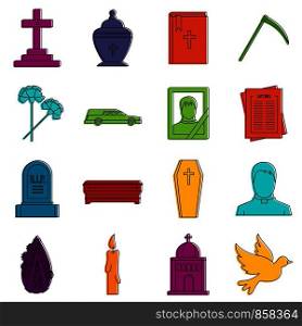 Funeral icons set. Doodle illustration of vector icons isolated on white background for any web design. Funeral icons doodle set
