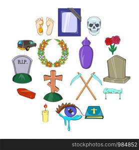 Funeral Icons set in cartoon style isolated on white background. Funeral Icons set, cartoon style