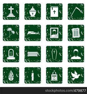 Funeral icons set in grunge style green isolated vector illustration. Funeral icons set grunge