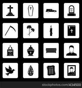 Funeral icons set in white squares on black background simple style vector illustration. Funeral icons set squares vector