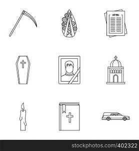Funeral icons set. Outline illustration of 9 funeral vector icons for web. Funeral icons set, outline style