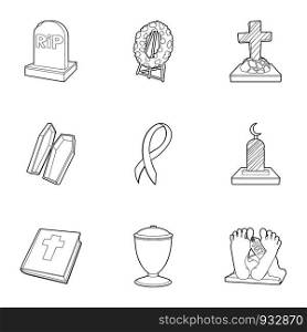 Funeral icons set. Outline set of 9 funeral vector icons for web isolated on white background. Funeral icons set, outline style