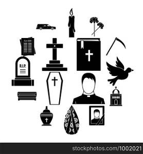 Funeral icons set. Simple illustration of 16 funeral vector icons for web. Funeral icons set, simple style