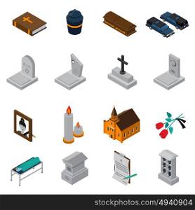 Funeral Isometric Icons Set. Funeral isometric icons set of bible ash coffin tombstone candles photo church roses testament isometric vector illustration