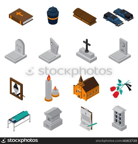 Funeral isometric icons set of bible ash coffin tombstone candles photo church roses testament isometric vector illustration . Funeral Isometric Icons Set