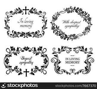 Funeral mourning frames with roses and lily flowers engraved arrangements. Funerary memorial plates borders with floral black ornaments and cross vector. Funeral borders with memorial condolences. Funeral mourning frames with roses and lily flower