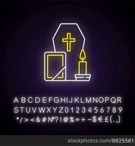 Funeral neon light icon. Coffin for dead relative. Religious ritual. Memorial service. Outer glowing effect. Sign with alphabet, numbers and symbols. Vector isolated RGB color illustration. Funeral neon light icon