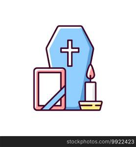 Funeral RGB color icon. Coffin for dead relative. Religious ritual. Memorial service. Sadness and grief from death. Cemetery ceremony. Religious burial. Isolated vector illustration. Funeral RGB color icon