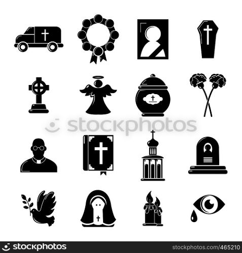 Funeral ritual service icons set. Simple illustration of 16 funeral ritual service vector icons for web. Funeral ritual service icons set, simple style