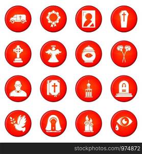 Funeral ritual service icons set vector red circle isolated on white background . Funeral ritual service icons set red vector