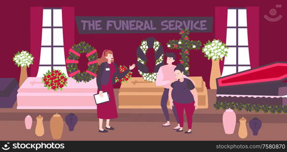 Funeral service banner with employee and sad family choosing coffin and funeral wreaths in agency interior flat vector illustration