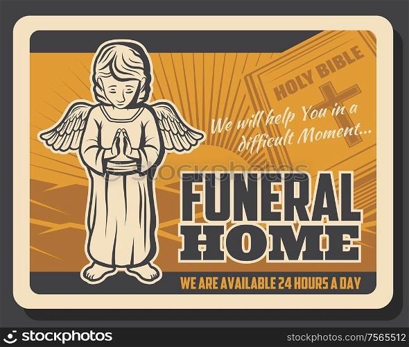 Funeral service, burial and farewell ceremony organization agency retro poster. Vector holy bible with christian crucifixion cross and angel in grief, cremation columbarium and funeral hearse services. Burial ceremony, columbarium funeral service