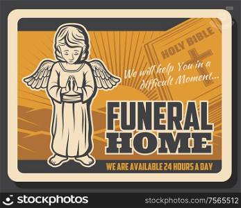 Funeral service, burial and farewell ceremony organization agency retro poster. Vector holy bible with christian crucifixion cross and angel in grief, cremation columbarium and funeral hearse services. Burial ceremony, columbarium funeral service