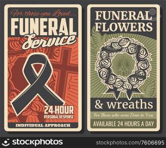 Funeral service, burial ceremony and church farewell memorial. Funeral floral wreath and black RIP ribbon for coffins, cremation columbarium and catafalque hearse service. Vector vintage poster. Funeral service, burial and farewell ceremony