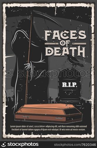 Funeral service, burial ceremony organization agency or company vintage poster. Vector death in black gown with scythe at cemetery tombstone with funeral Rest in Peace RIP text and coffin. Funeral service, death at cemetery tomb