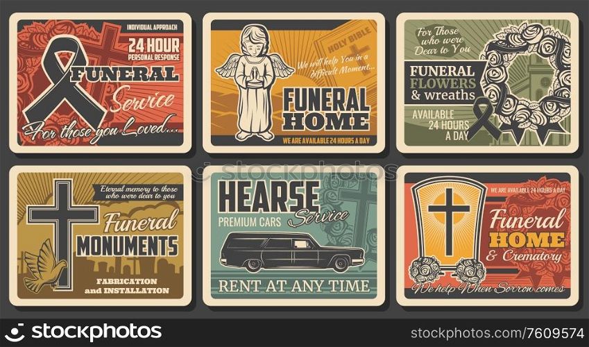 Funeral service, hearse catafalque car rental and tomb monuments fabrication, vector vintage posters. Funeral flowers wreath, RIP ribbons and cremation columbarium urns shop. Posters of funeral service, tombs and RIP wreath