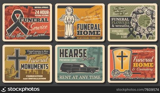 Funeral service, hearse catafalque car rental and tomb monuments fabrication, vector vintage posters. Funeral flowers wreath, RIP ribbons and cremation columbarium urns shop. Posters of funeral service, tombs and RIP wreath