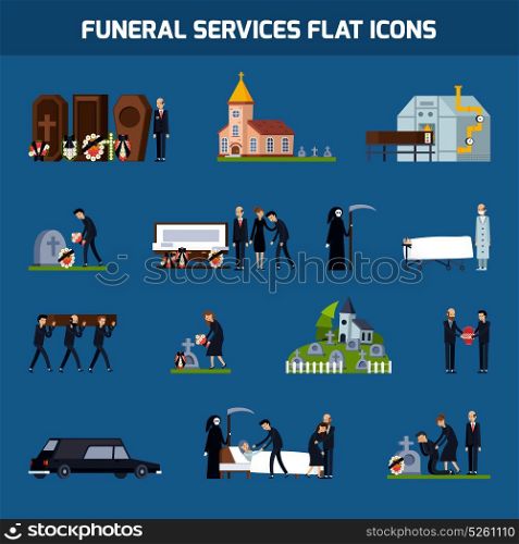 Funeral Services Flat Icon Set. Colored and isolated funeral services flat icon set with death figure and sad people vector illustration